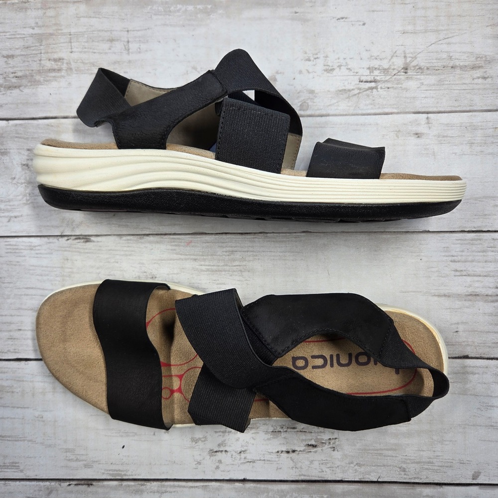 Bionica B10009501 Leather Elastic Strap Sandal Women 9.5 Black Comfort Flat